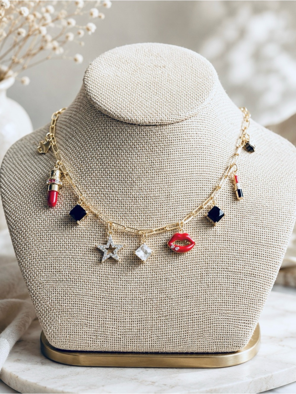 Gold Charm Necklace with Red Lips & Black Accents